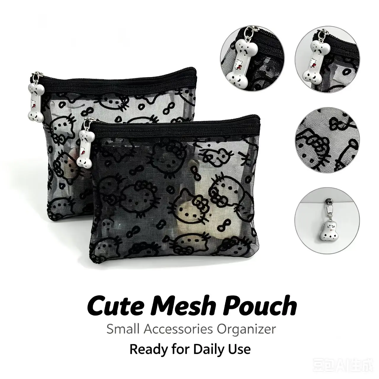 Mesh Cosmetic Bag Transparent Zipper Pouch Cartoon Print Portable Mini Storage Bag Travel Makeup Organizer Small  Purse view 2