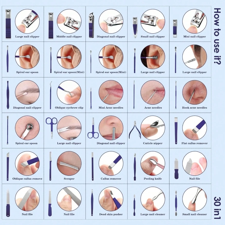 マニキュアセット 30 in 1 爪切りセット、女性用ネイルマニキュアキット、足の爪切り、ペディキュアキット、ペディキュアツール、に適しています
