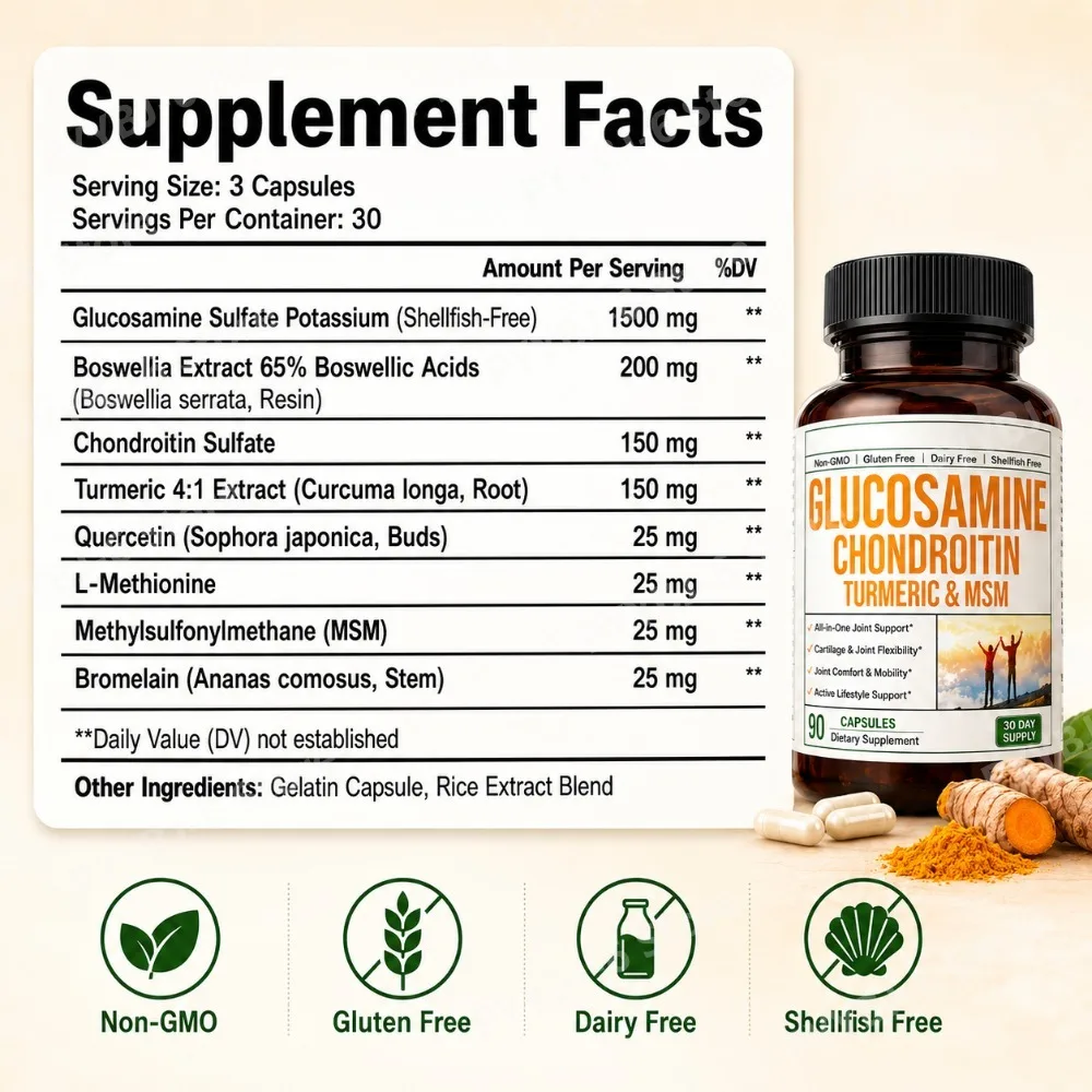 Glucosamine Chondroitin MSM Capsules 1500mg Joint Mobility Flexibility Cartilage Support Daily Supplement 90 Count for adults
