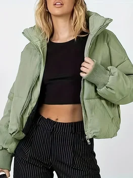 Thickened Oversized Cropped Puffer Jacket, Army Green Zip-Up Style, Women's Warm Top for Fall & Winter Commute & Streetwear 2