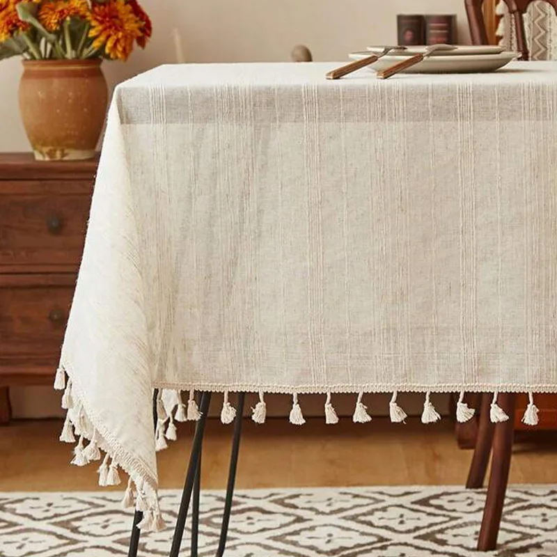 Imagen 4: Mantel de lino y algodón a rayas con borlas, mantel rectangular a prueba de polvo para el hogar, adecuado para decoración de mesa de cocina y comedor