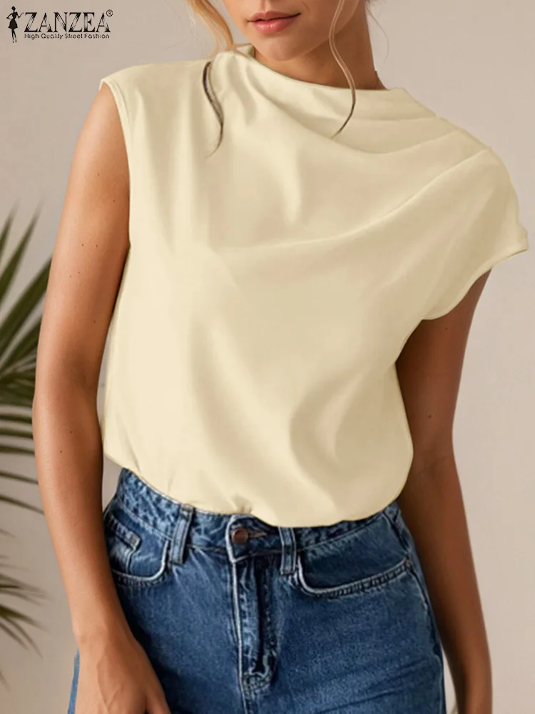 

ZANZEA Summer Office Women Blouses Stylish Work OL Shirt Short Cap Sleeve Solid Tunic Tops Swing Neck Party Busas Oversize 2025