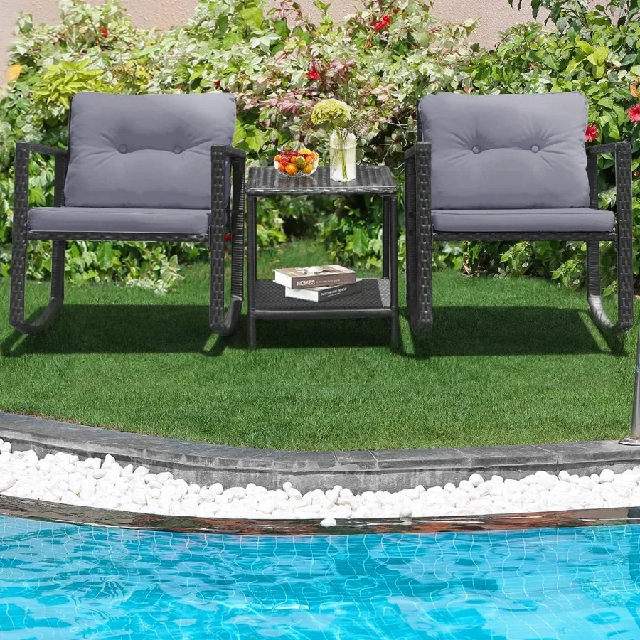 3 قطع هزاز بيسترو مجموعة في الهواء الطلق فناء المحادثة مجموعة مع كراسي هزازة وطاولة القهوة الروطان الخوص مجموعة اثاث fo