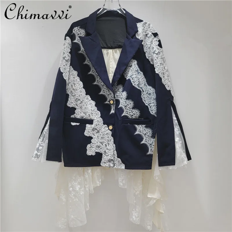 

Fashion Blazer for Women 2025 Autumn Clothes New Heavy Lace Patchwork Vintage Style Loose-fit Elegant Ladies Suit Coat