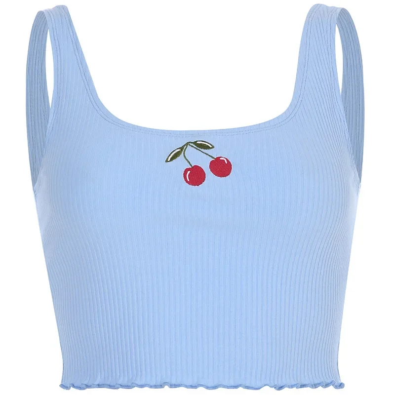 Vintage Tank Tops Halter Cute Cherry Embroidery Low Cut Thin Crop Tops Sleeveless Vest 2024 Summer Fashion Sweet Women's Clothes