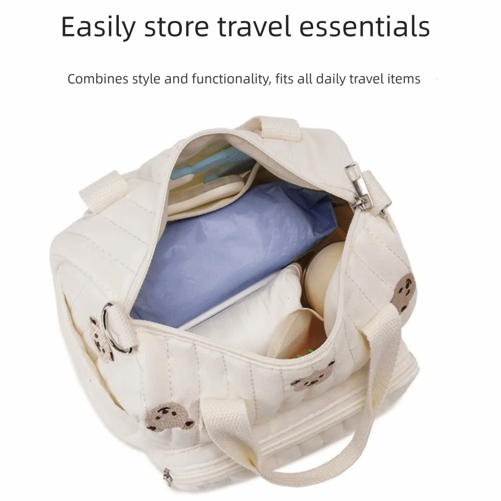 Korean Style Mummy Bag Bear Flower Baby Diaper Organizer Large Capacity Multi-pocket Quilted Embroidered Shoulder Bag