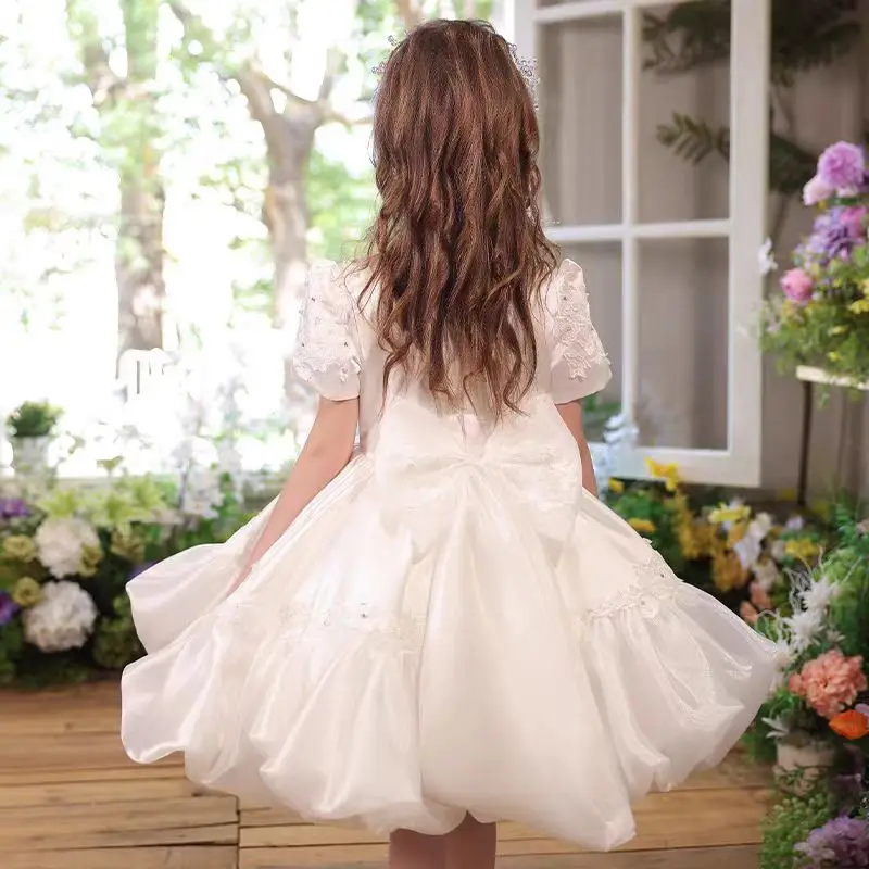 Jill Wish J547 luxe blanc fleur fille robe fleurs col carré pour princesse mariage anniversaire concours Communion robe de fête