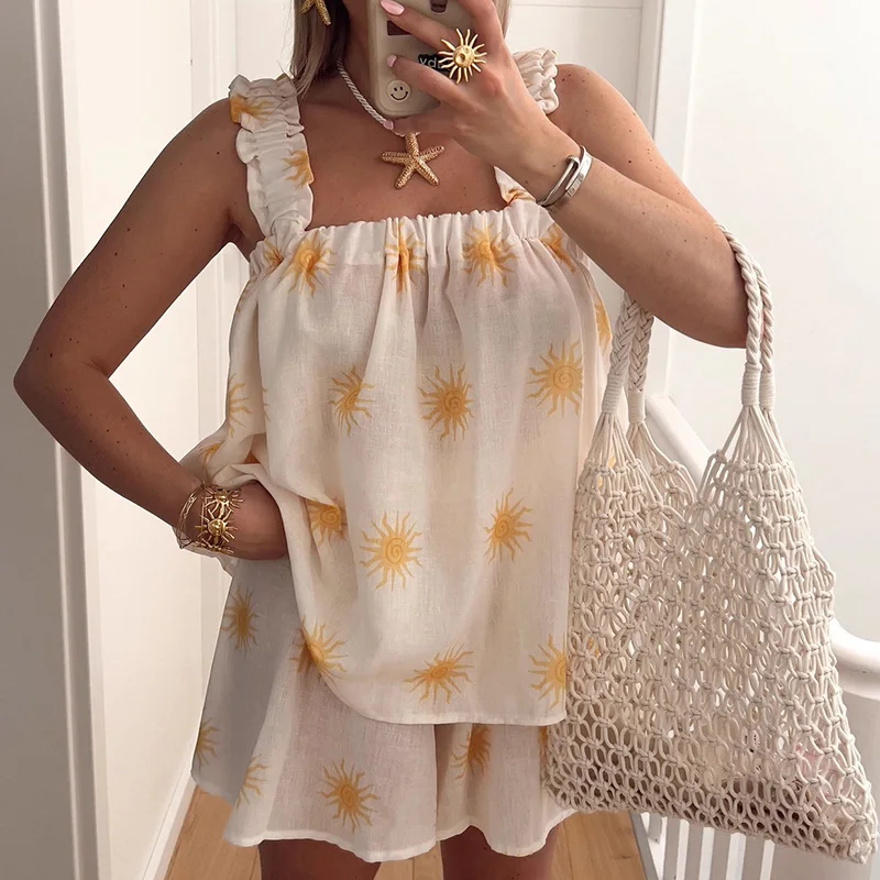 

Sexy Off Shoulder Sling Tops & Short Pant Suits Women Fahsion Print Hollow Out 2Pc Outfits Elegant Homewear Loose Pajamas Sets