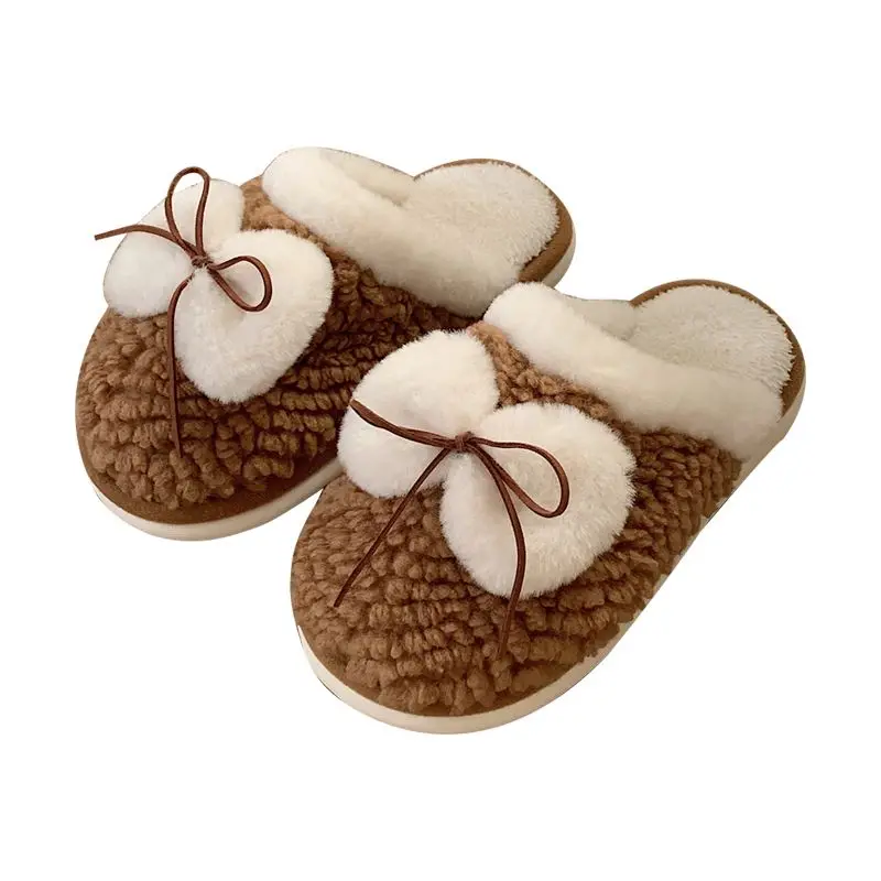 oeggeo Winter warm and non-slip cotton slippers ladies bow knots plush cotton slippers