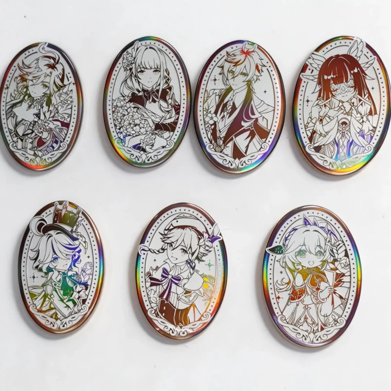 

Набор из 7 голографических овальных значков Double Flash: Коллекция к годовщине Columbina Venti, Zhongli, Raiden Shogun, Furina, Nahida, Mavuika