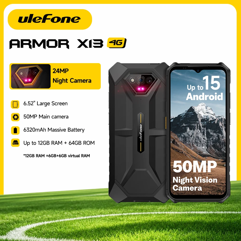 Ulefone Armor X13 Rugged Phone Up to 12GB RAM + 64GB ROM Android 15 Smartphone 6320mAh 50MP 6.52