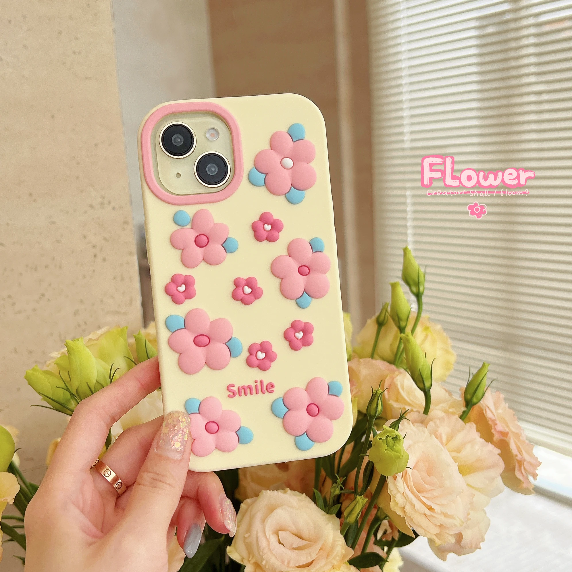 

Back Cover For IPhone 11 12 13 14 15 16 Pro Max 17 Pro Case Smile Pink Flower Soft Rubber Gel Shockproof Phone Case
