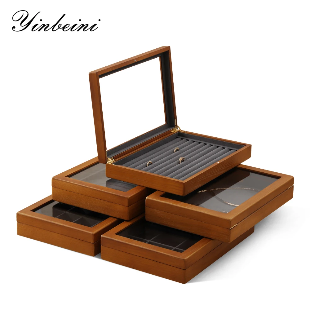 YinBeiNi Premium Wooden Jewelry Box Ring Necklace Pendant Bracelet Display Case Transparent Jewelry Storage Organizer