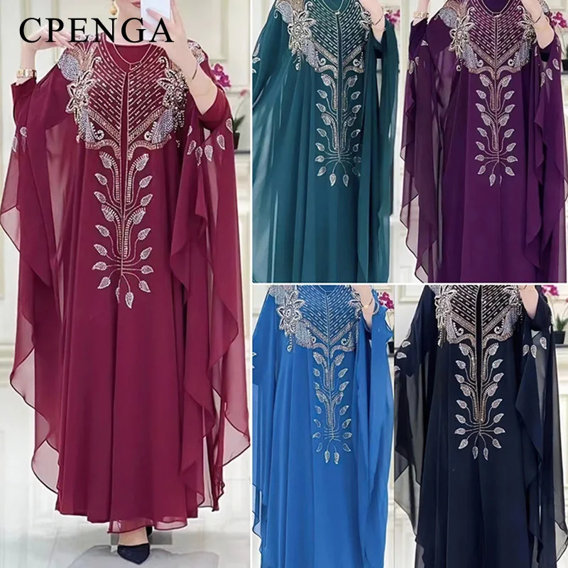 Muslim Bead Abaya for Women Chiffon Kimono Abayas and Long Sleeve Innder Dress 2 Piece Set Elegant African Clothes Boubou Robe