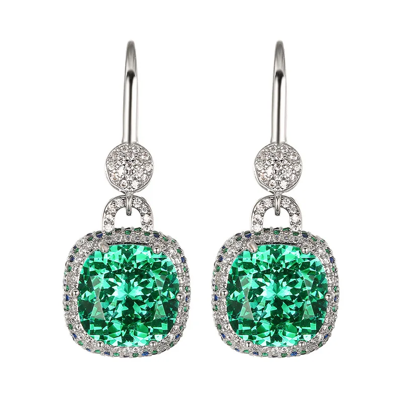 Luxury 10mm Square Emerald Paraiba Tourmaline Drop Earring for Women Silver Plated Full Paved Crystal Wedding Party Jewelry Gift