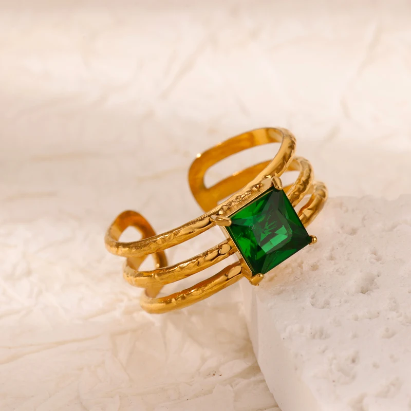 Green Square Zircon Watch Strap Rings for Women Stainless Steel Gold Color Multi Layer Adjustable Ring Aesthetic Wedding Jewelry