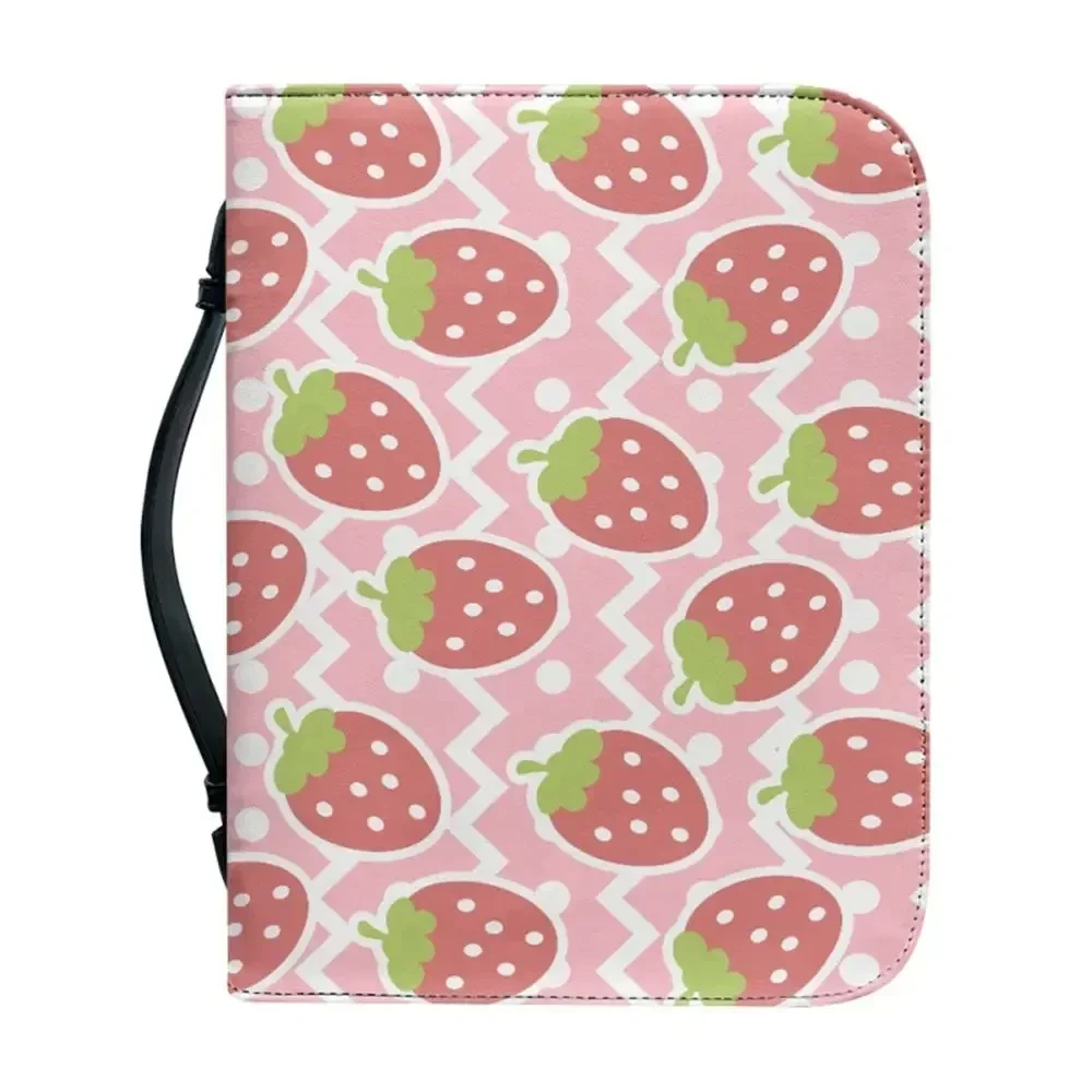 

Pink Strawberry Print Bible Storage Bags for Women Girls Leather Bible Cover Case Zipper Handle Handbags Bible Carrying Case