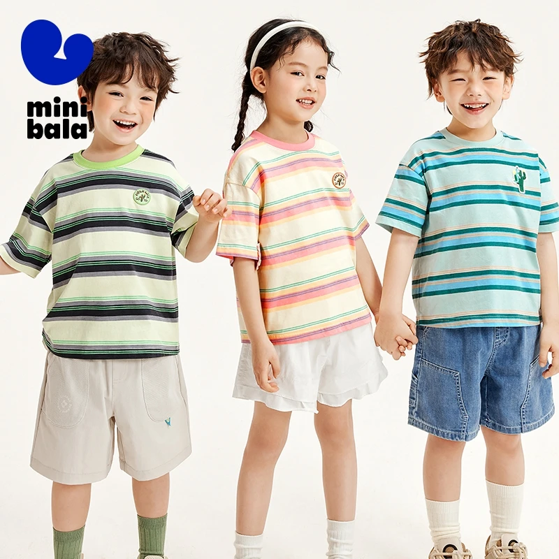 Mini Bala Short Sleeve T-Shirt Kids 2024 Summer Color-Block Striped Pure Cotton Children Top