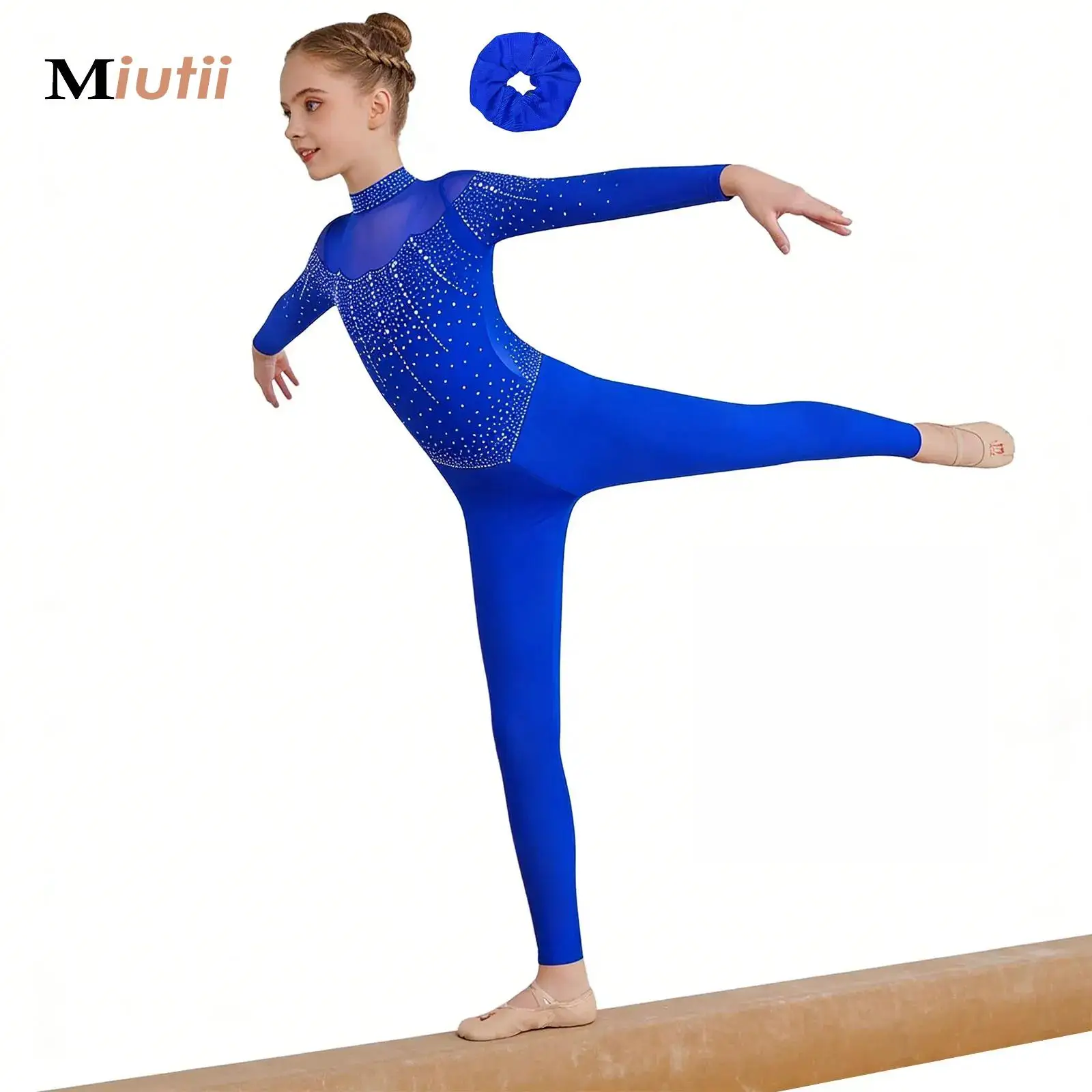 

Girls Shiny Metallic Unitard Children Long Sleeve Gymnastics Leotard with Hair Band Dancewear Set Stage Performance Costumes