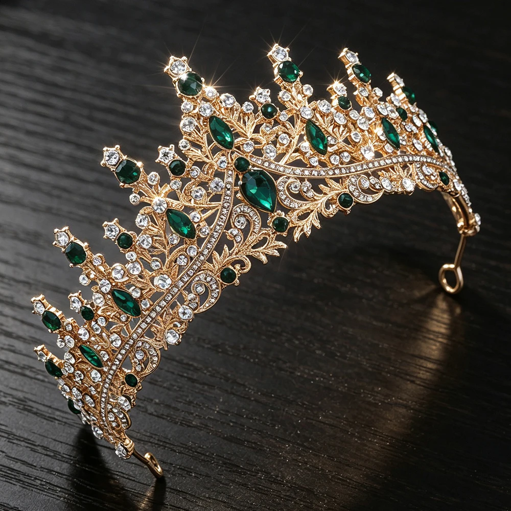 1/3pcs Vintage Green Rhinestone Crown Gold Plated Crystal Statement Necklace Earrings Women Wedding Prom Party Costume Jewelry - view 6