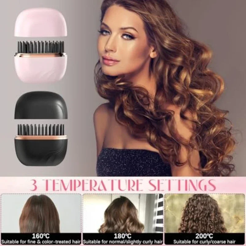 Mini Rechargeable Hair Straightener Brush: 3-Speed Temp Control, Anti-Scald Shell, Lightweight & Portable for Travel