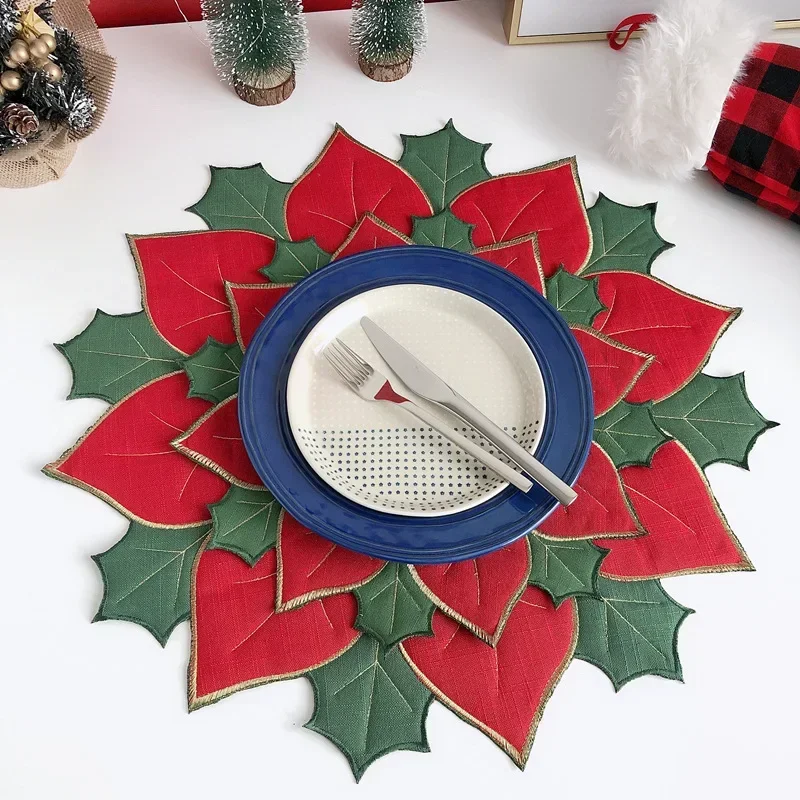 Christmas Satin Red White Embroidery Table Place Mat Pad Cloth Cup Doily Coffee Tea Coaster Christmas Flower Placemat Kitchen