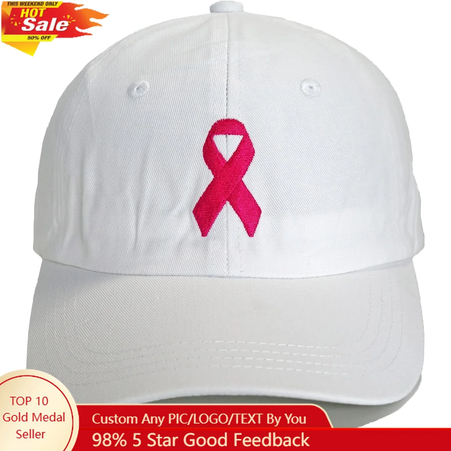 Breast Cancer Awareness Hat for Women, Embroidered Pink Ribbon Vintage Cotton Adjustable Baseball Cap