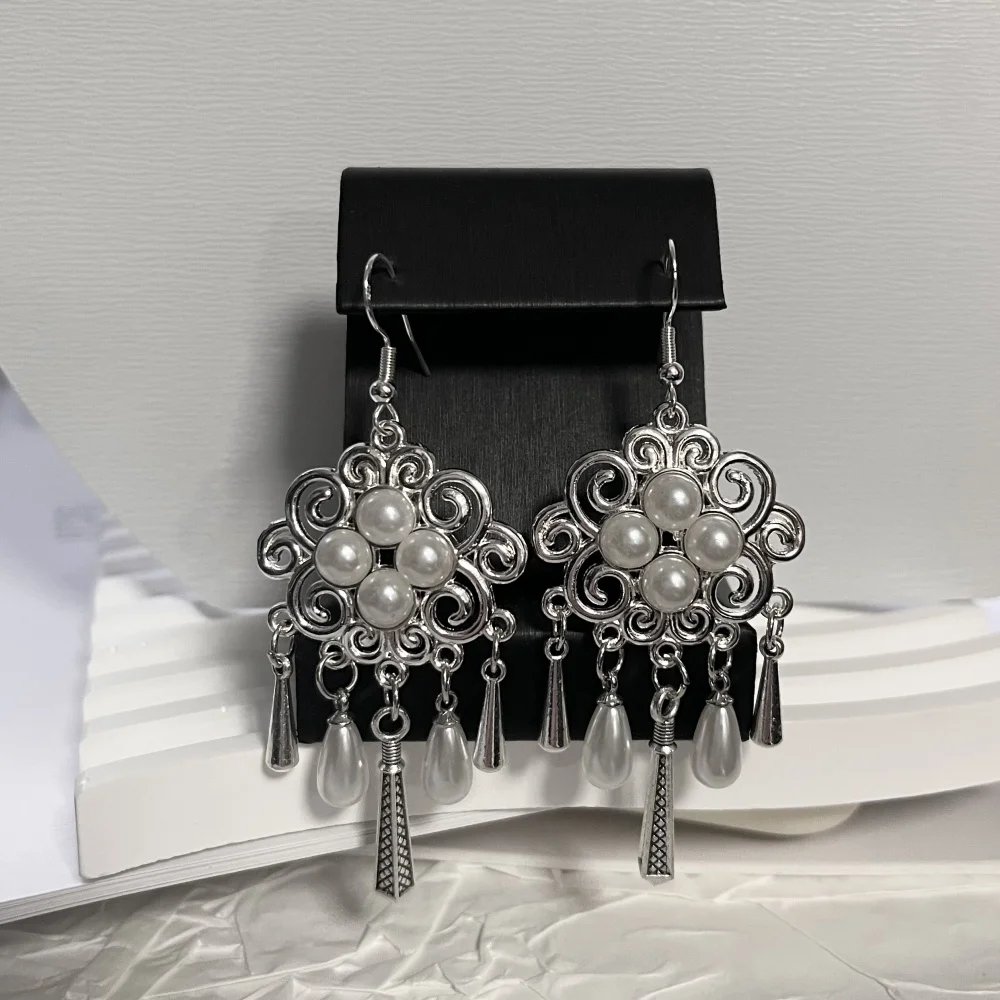 الهندي خمر المؤكسد الفضة اللون المعادن انخفاض الأقراط للنساء بوهو الأزرق الأسود حجر أقراط أذن منسدلة مجوهرات العرقية العربية #4