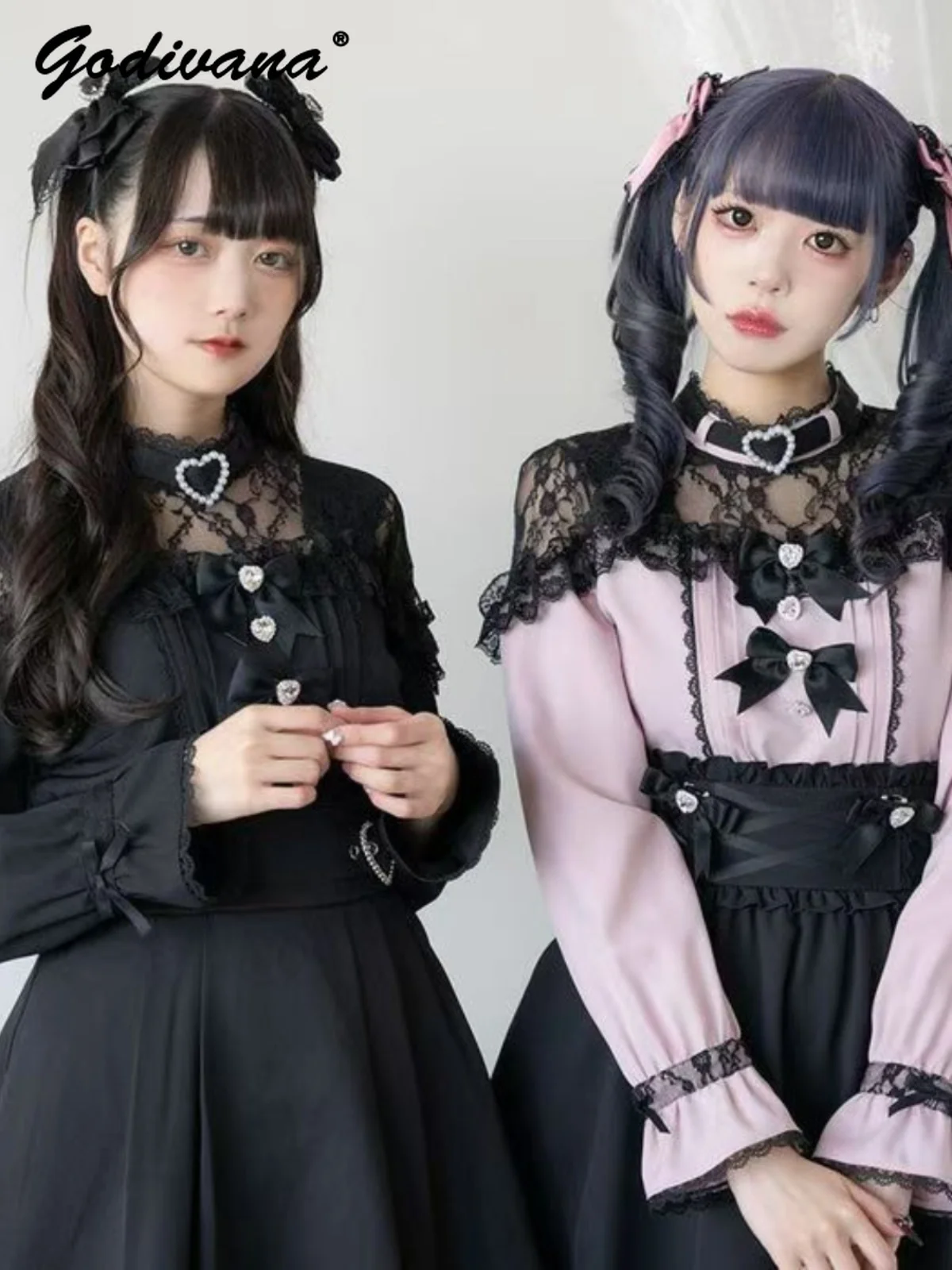 Japanische Mine Serie Massen produktion Lolita Bogen Liebe Spitze Spleißen Langarmhemd neue Frühjahr und Herbst Damen Bluse Tops