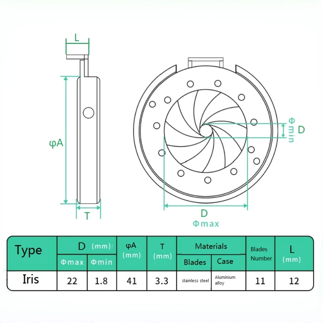 1.8-22mm Mechanical Diaphragm Continuously Variable Iris Integrated Aperture Stop Microscope Camera Laser Optical Light Module