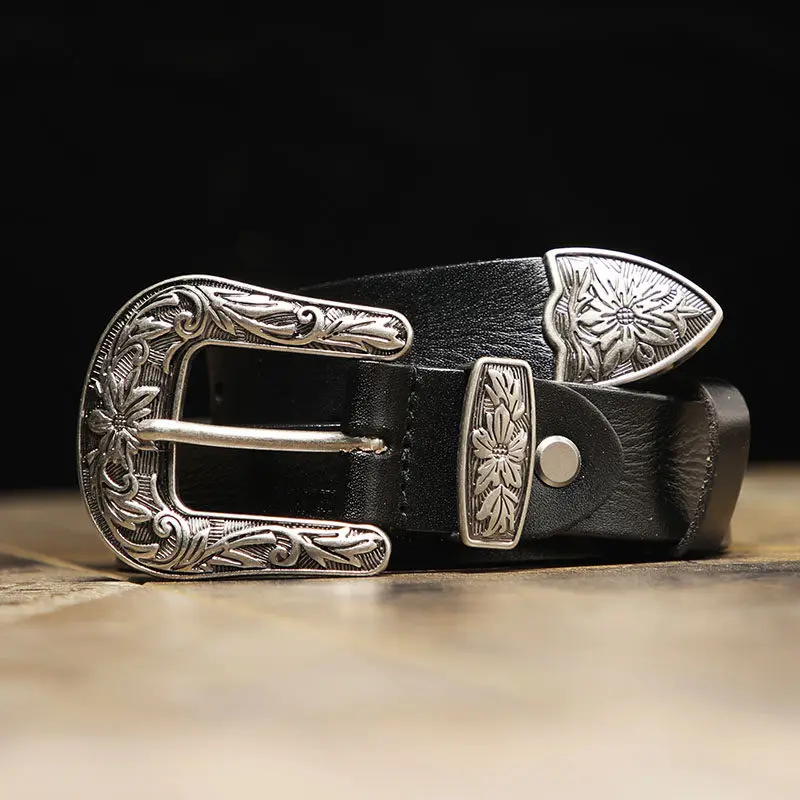 

Vintage Metal Carved Buckle Top Layer Leather Belt for Women Genuine Leather Jeans Waist Belt Adjustable Decorative Accessory