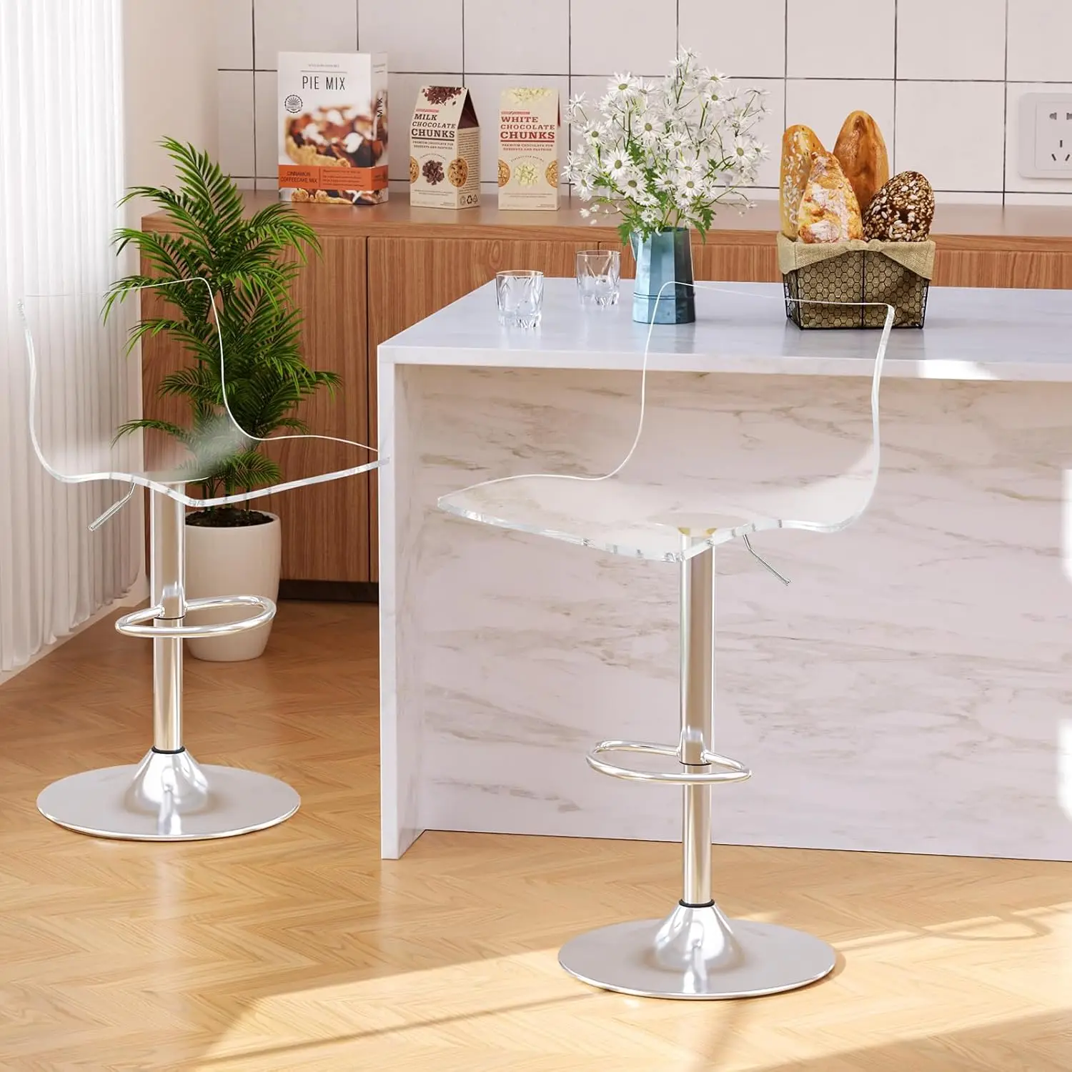 

Clear Acrylic Bar Stools Set of 2 – Adjustable Swivel Barstools with Backrest & Footrest, Modern Transparent Counter Stools for