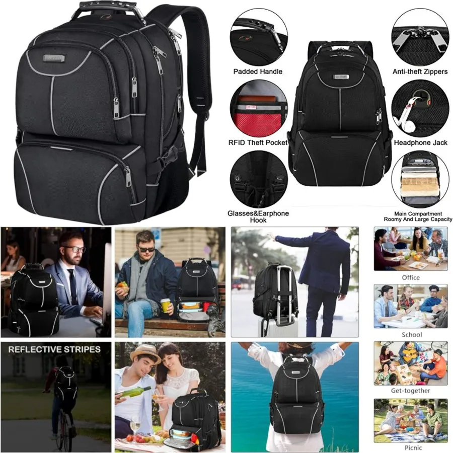 

Lunch Bag Backpack, Insulated Cooler Lunch Box Backpack, Extra Large Travel Laptop Backpack TSA Friendly RFID Computer College