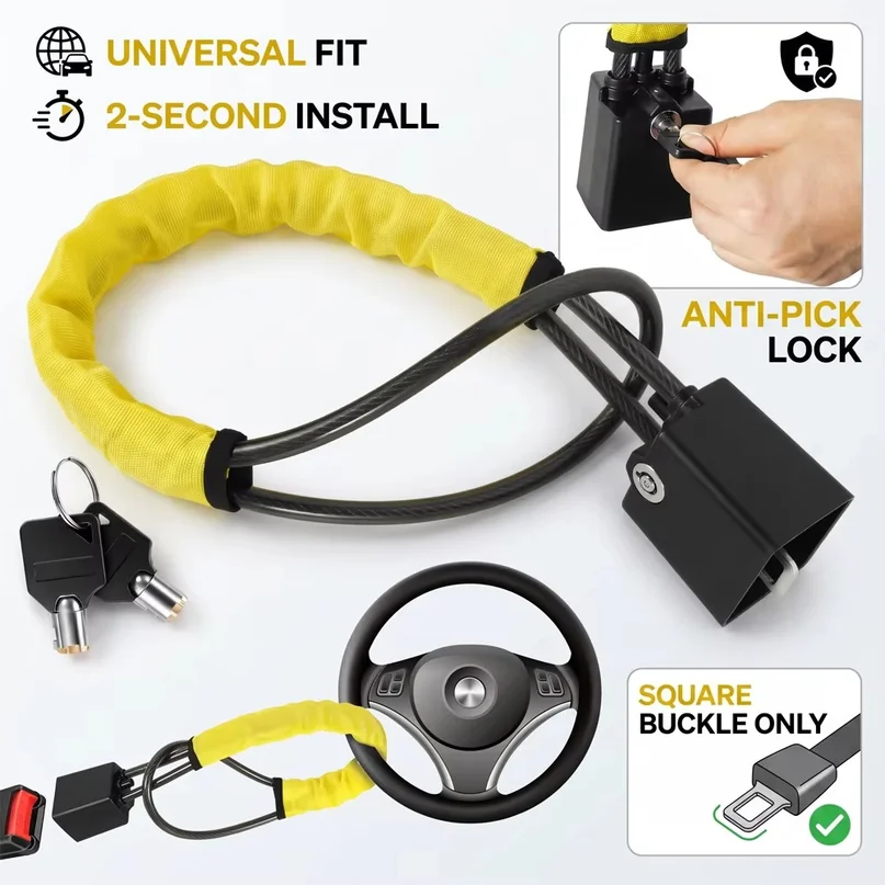 Car Steering Wheel Lock Anti Theft Seat Belt Lock Braided Steel Cable Universal Vehicle Heavy Duty Security Device for SUV Truck