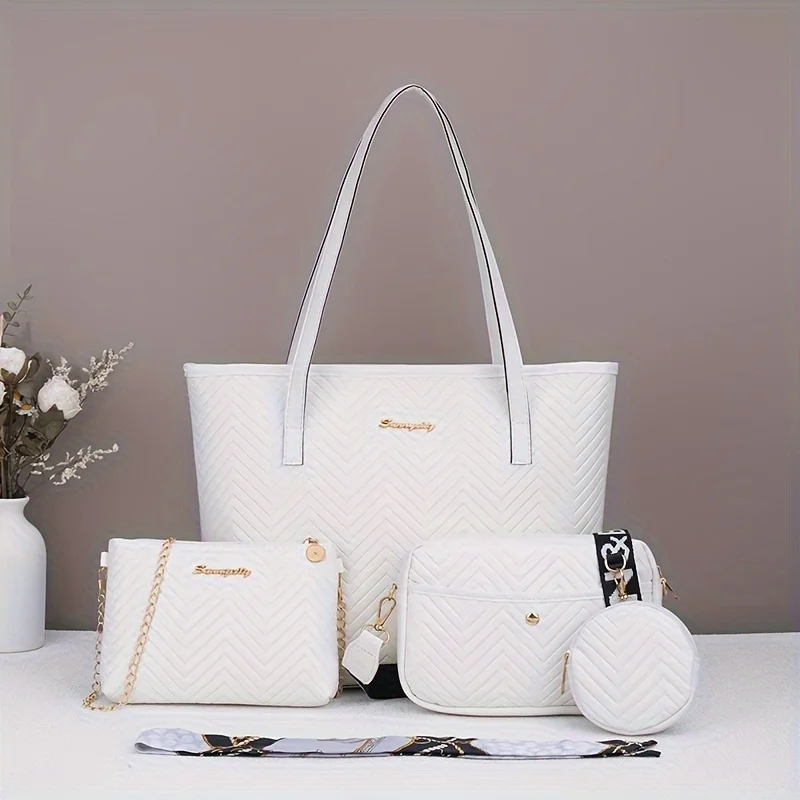 

4pcs/Set Women Wave Large Capacity Tote Bag Set Fashion Mutil-Function Single Shoulder Bags Handbag Wallet Suit Crossbody Bag