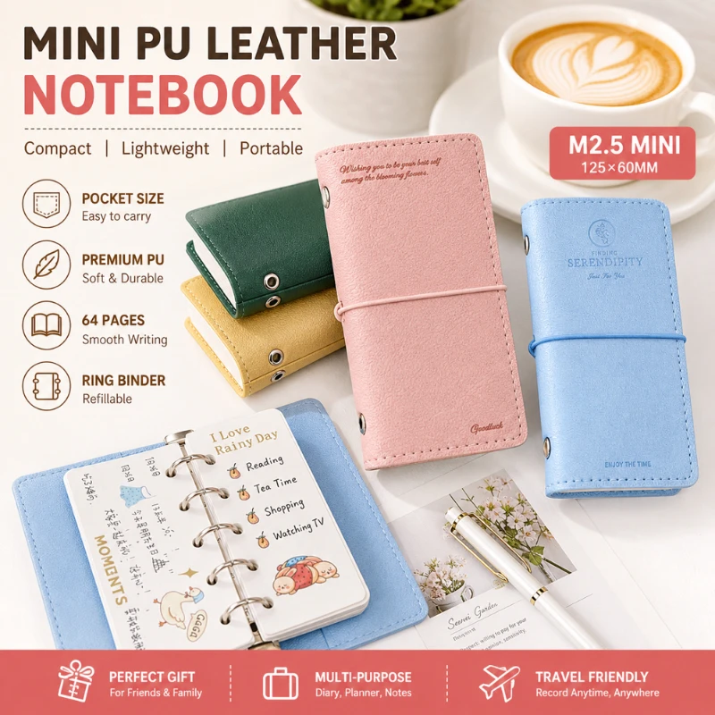 M2.5 Mini PU Leather Loose Leaf Notebook Gold Foil Pocket Journal Refillable Tiny 6 Ring Binder Planner Stationery Gift