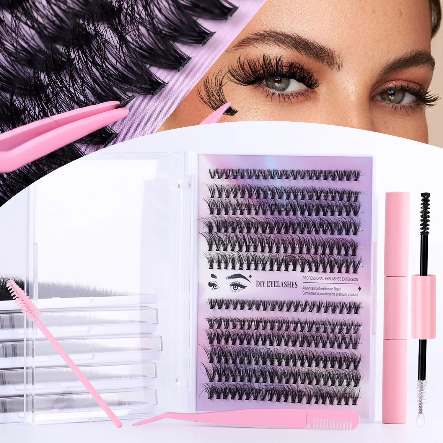 3D Effect 240pcs DIY Eyelash Extension Kit, Mascara, Eyelash Glue, Brush, Tweezers Kit (0.07mm-30D+40d-8-16mm Mixed Kit)