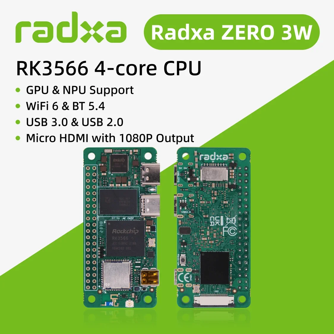BoMaSRadxa ZERO 3W RK3566 4-core CPU SBC, GPU, NPU, HDMI With 1080P Output, And WiFi 6 & BT 5.4, Single Board Computer