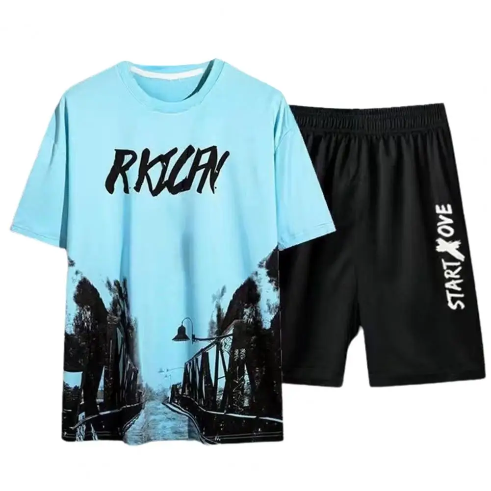 2Pcs/Set Summer Outfit Men Shorts T-shirt Elastic Waist Wide Leg Tee Shirt Set Boat Print Beach Male Shorts Set