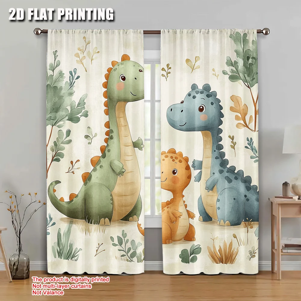 2 Stück 2D-Flachdruck-Szenenvorhang, niedlicher Dinosaurier-Aquarell, 100 % Polyester, ohne Strom, festliche Vorhänge, perfekt für