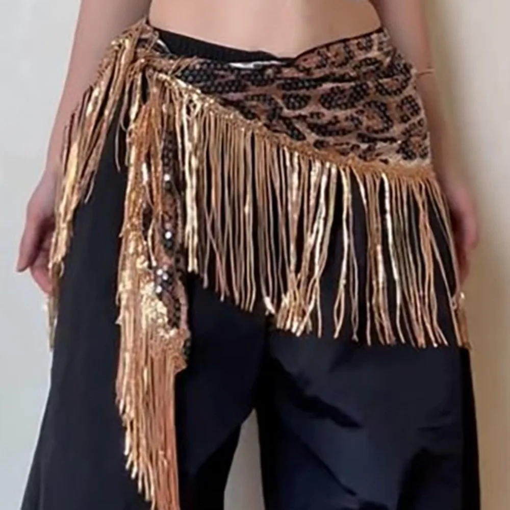 Sequin Jazz Dance Hip Scarf Y2K Shirt Extender Tassels Leopard Print Belt Hip-hop Triangular Scarf Cargo Pants Waist Band