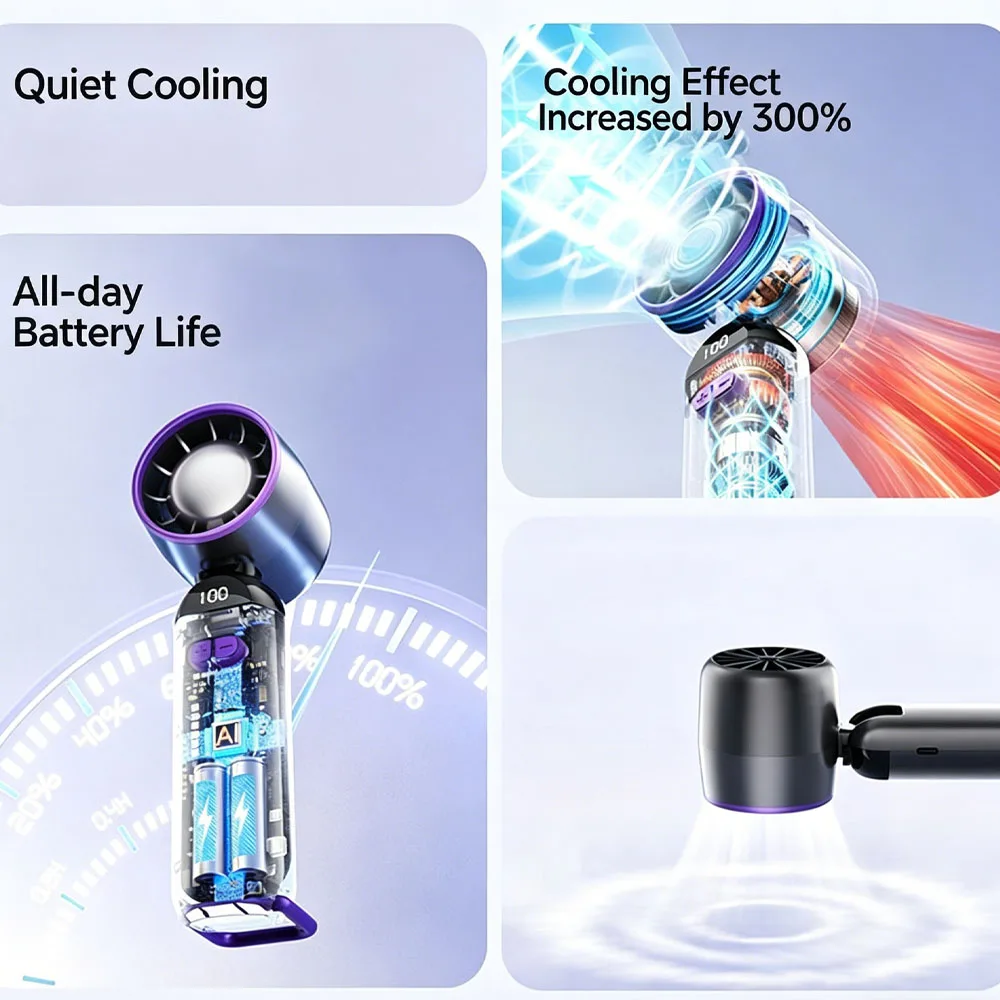 Handheld Turbo Fan 3000mAh Rechargeable 100 Speed Portable Neck Fan 5 Levels Wind Desktop Mini Fan With LED Display For Outdoor
