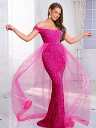 Off Shoulder Sequined Evening Ball Gown Mesh Skirt Hot Pink Black Wedding Party Long Floor Length Prom Dresses