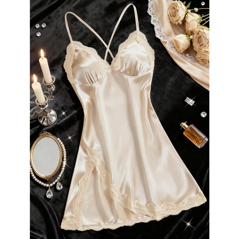 

Women's Nightgown, Mature Floral Print Satin Lace Trim Sleepwear Dress, V-Neck Criss-Cross Open Back Spaghetti Strap Slip Dress, Comfortable Robe