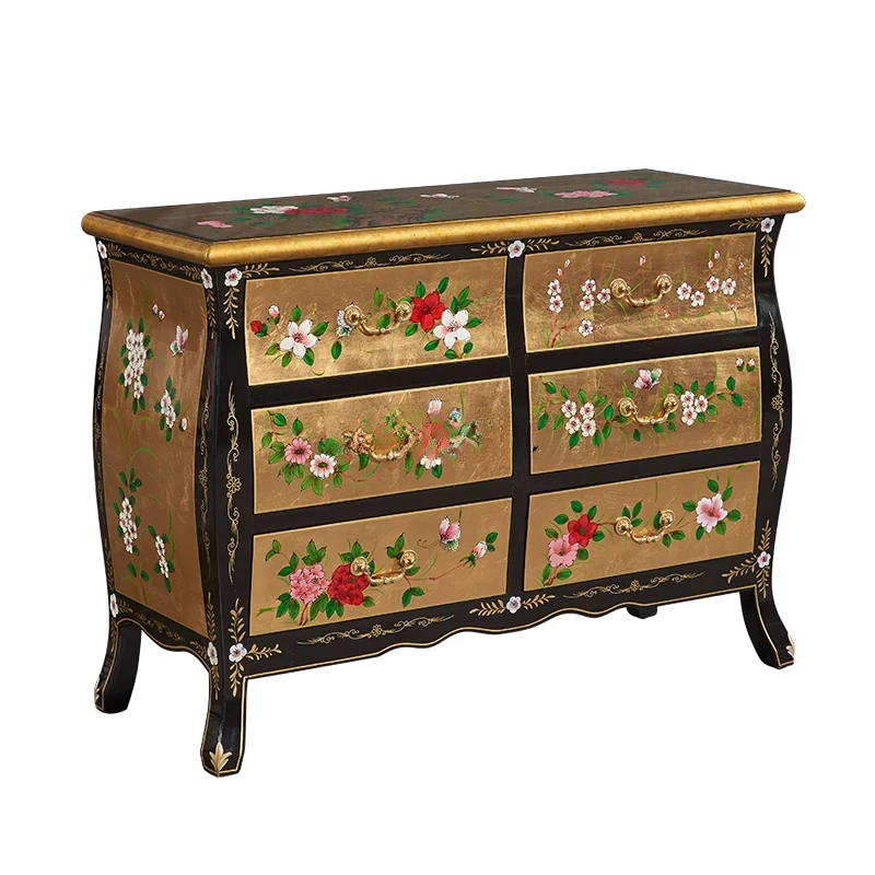 

Painted Hallway Classical Retro Decorative Solid Wood Locker Hand Painted Gold Foil Storage Chest of Drawers