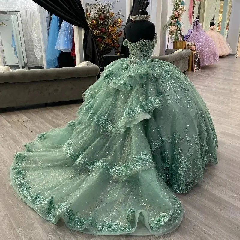 

Mint Green Sparkly Princess Quinceanera Dresses Ball Gown Sweetheart Floral Beaded Sweet 16 Dresses 15 Años Mexican