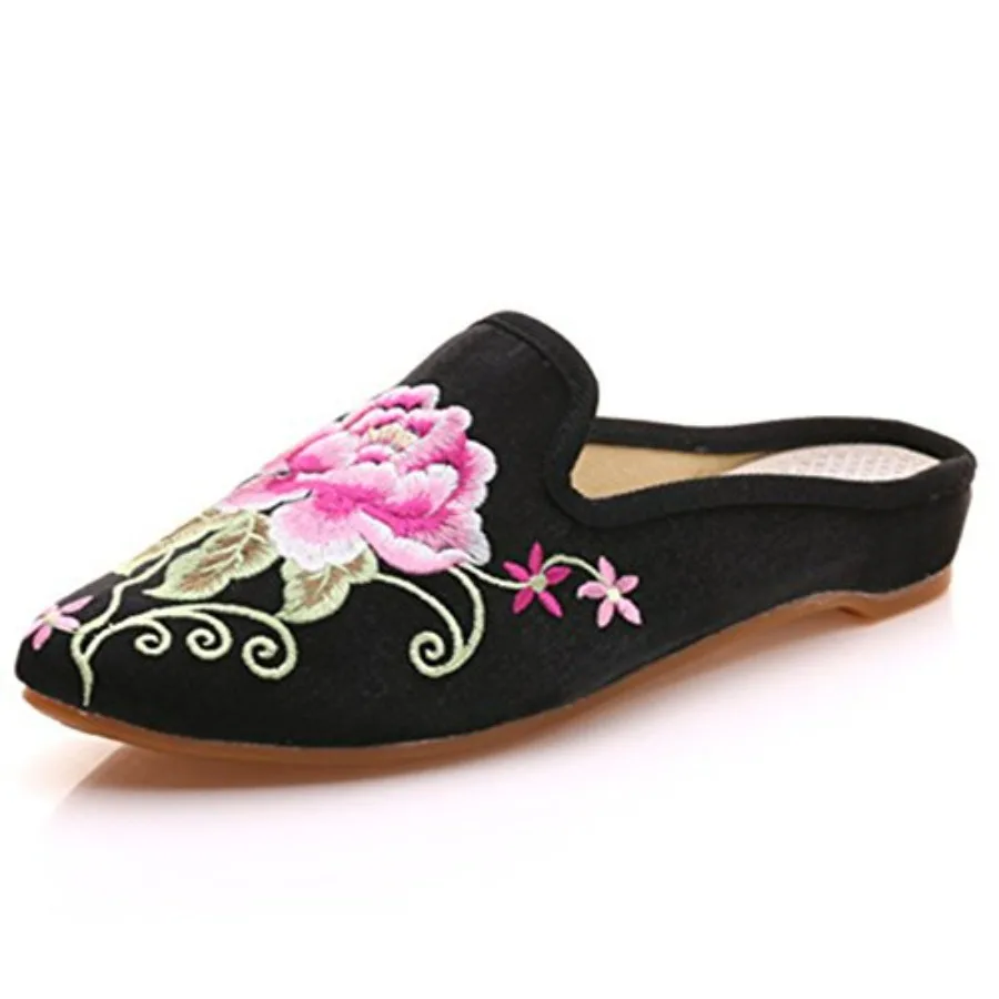 

Qhome Women's Chinese Floral Peony Embroidery Pointed-Toe Comfortable Satin Casual Mules House Pumps Slippers Shoes