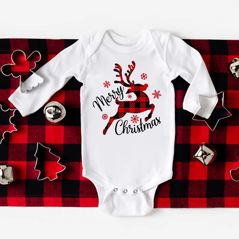 Merry Christmas Deer Printed Baby Bodysuit Newborn Long Sleeve Romper Christmes Party Infant Outfits Boys Girls Baptism Clothes