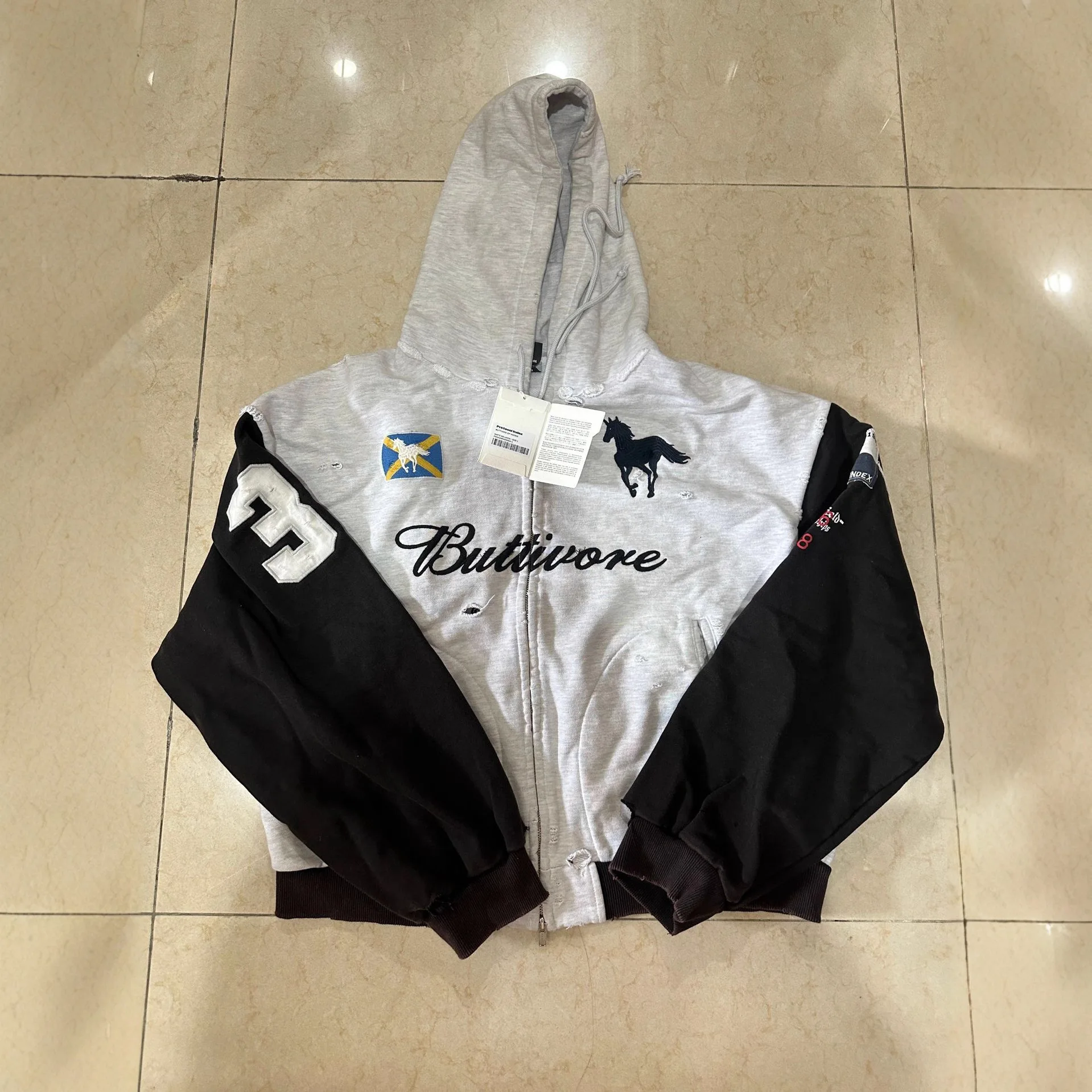 PROJEKT G/R Patchwork Spleißen Beschädigtes Loch Reißverschluss Strickjacke Mantel Männer Frauen Unisex Baumwolle Übergroße Logo Stickerei