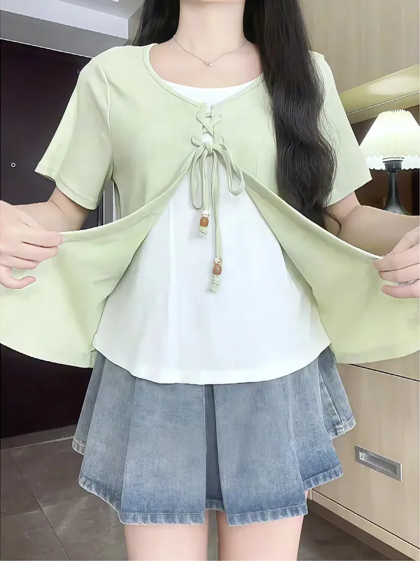 Korean Style Bold Color Block Short Sleeve T-Shirt Women's plus Size Fashion Slimming Trendy Top with Belt Summer Commute Style